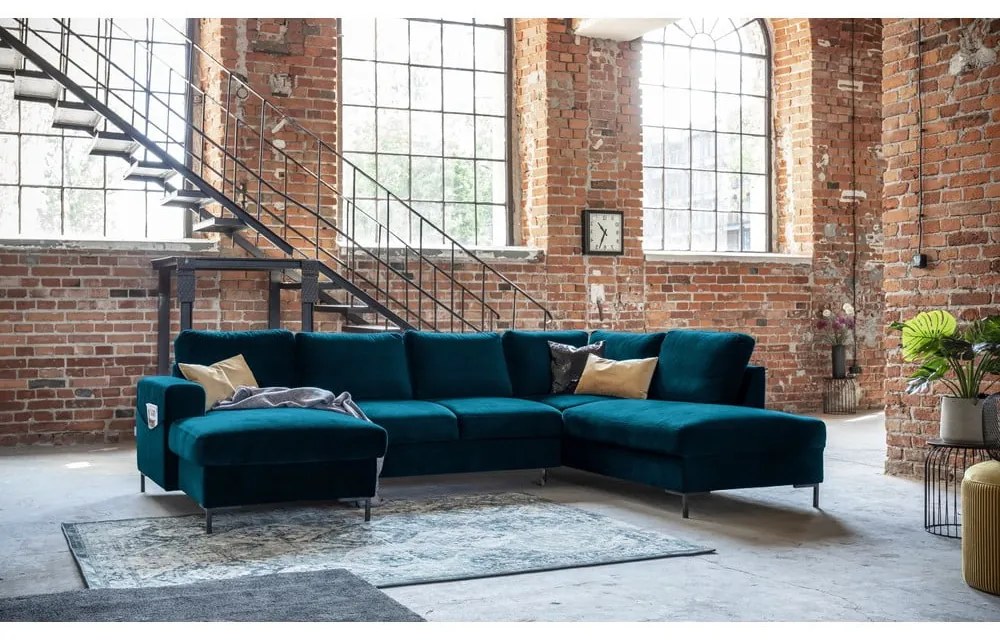Кадифен разтегателен ъглов диван петролен (десен ъгъл) Lofty Lilly – Miuform