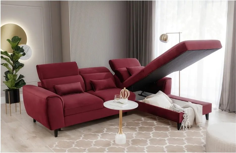 Червен кадифен разтегателен ъглов диван с място за съхранение (десен ъгъл) Foble – ELTAP
