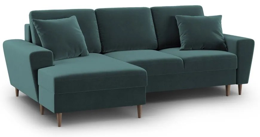 Кадифен разтегателен ъглов диван с място за съхранение в петролен цвят (ляв ъгъл) Kyoto – Cosmopolitan Design