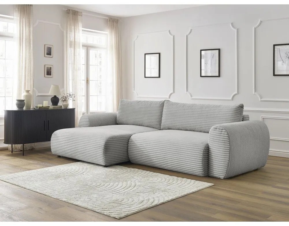 Светлосив разтегателен ъглов диван от рипсено кадифе (ляв ъгъл) Lucien – Bobochic Paris