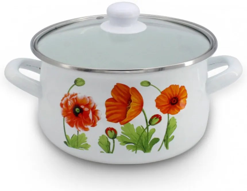 Тенджера със стъклен капак SAPIR SP 4518, Емайл, Бял с декорация - 3.5 л