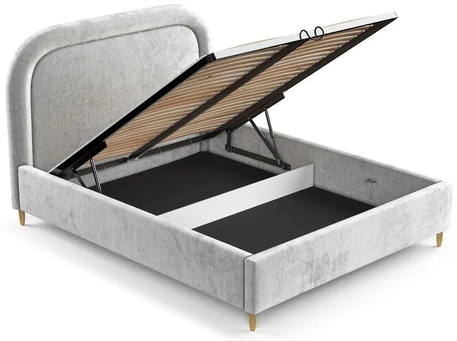 Светлосиво тапицирано двойно легло с място за съхранение с включена подматрачна рамка 180x200 cm Mija – Maison de Rêve