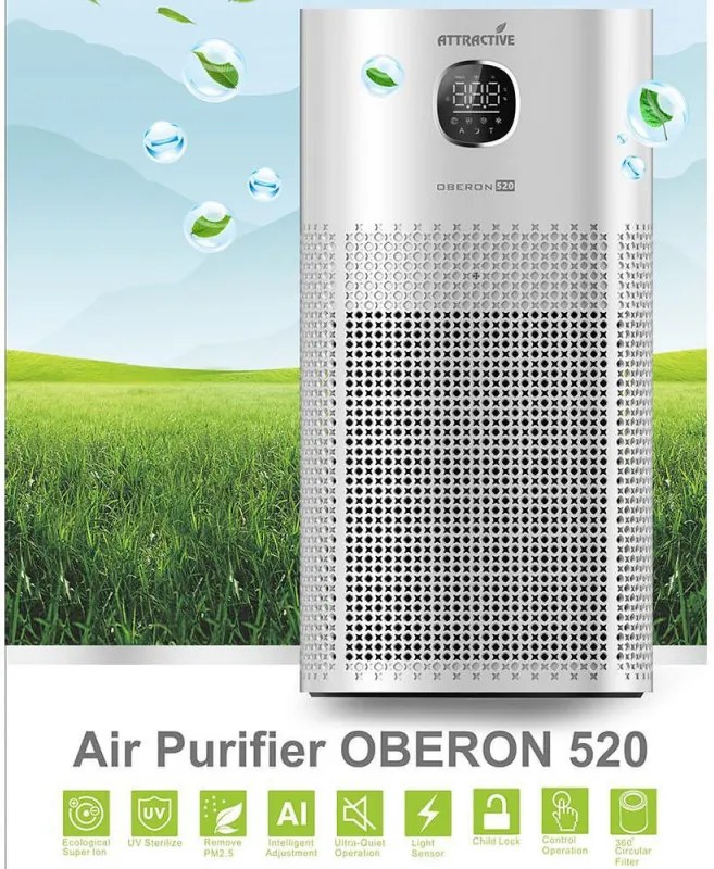 Пречиствател за въздух Attractive OBERON 520, 50W, За до 62 м2, Wi-Fi, 5 скорости, Таймер, Нощен режим, Дистанционно, Интелигентен сензор за замърсяване, Бял