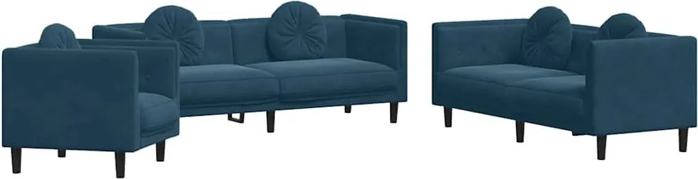 3209255 vidaXL Комплект дивани 3 части с възглавници, син, кадифе