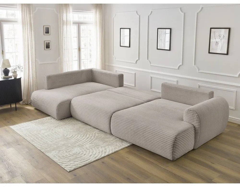 Светлосив/бежов сгъваем/с място за съхранение ъглов диван от рипсено кадифе (ляв ъгъл/U форма) Lucien – Bobochic Paris
