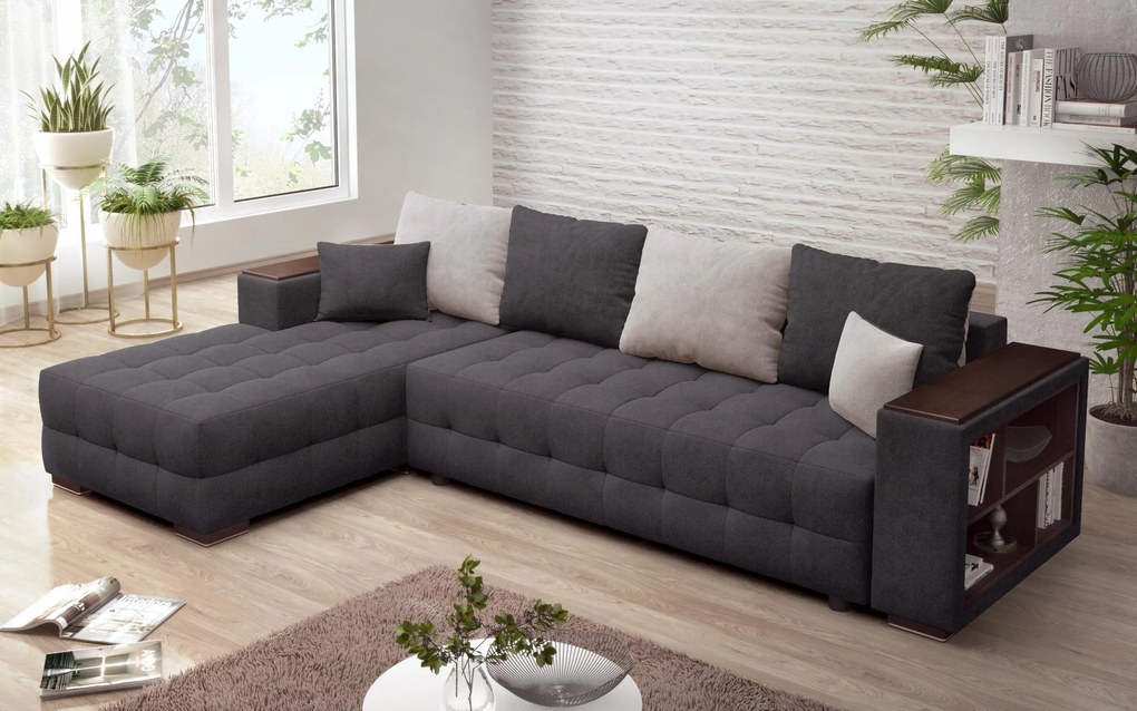 Разтегателен ъглов диван с подлакътник етажерка Мелвин Спринг