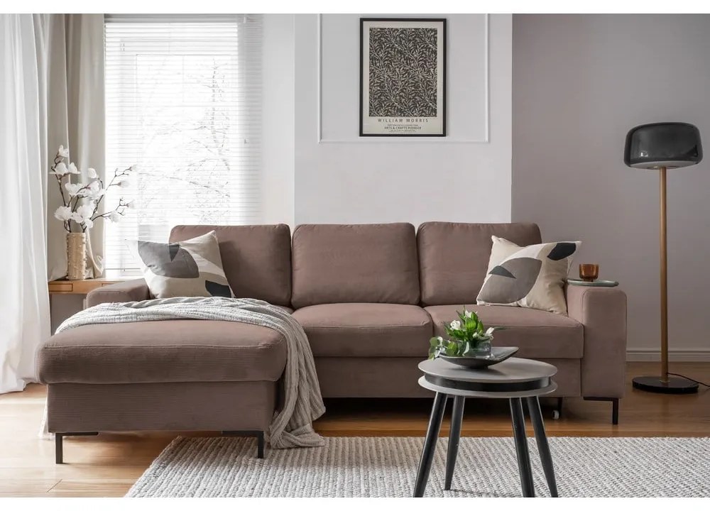Кафяв разтегателен ъглов диван от рипсено кадифе (ляв ъгъл) Lofty Lilly – Miuform