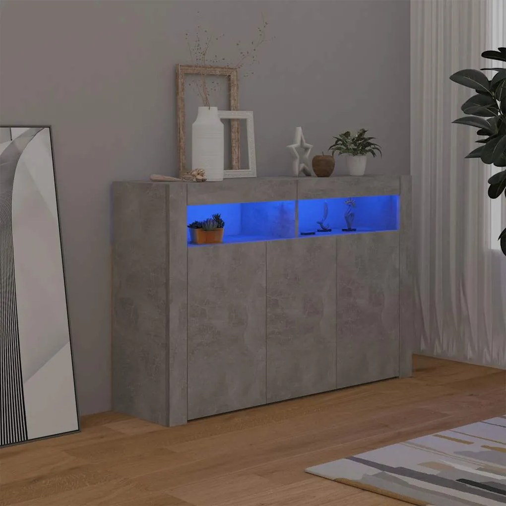 804341 vidaXL Сайдборд с LED светлини, бетонно сив, 115,5x30x75 см