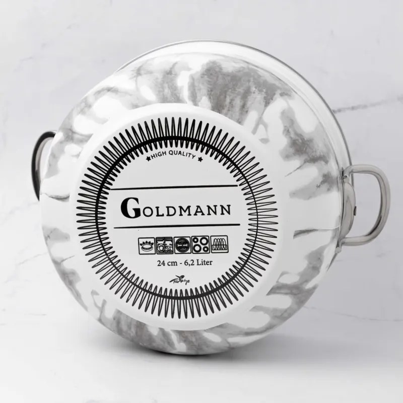 Разопакован: Тенджера Goldmann GM 8017-24W, 24х15 см, 6.2 литра, Емайлирана, Хромирани дръжки, Индукционен, Бял/Мрамор