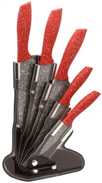 Комплект ножове с поставка ZEPHYR ZP 1633 ES5AS, 6 части, Неръждаема стомана, Мраморно покритие, Червен