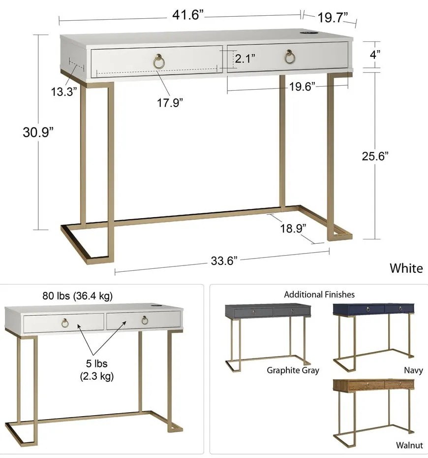Бяла работна маса Camila - CosmoLiving by Cosmopolitan