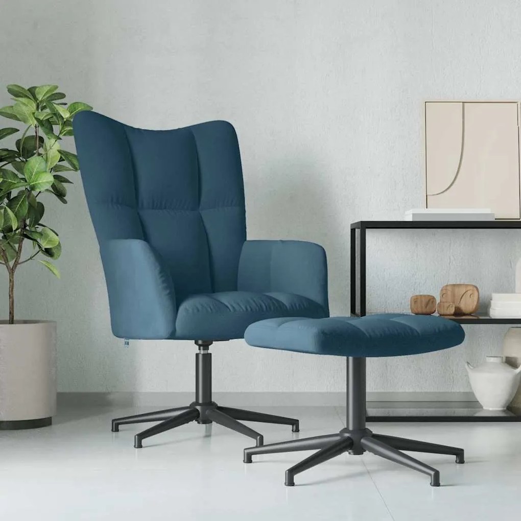 328116 vidaXL Релаксиращ стол с табуретка, син, кадифе