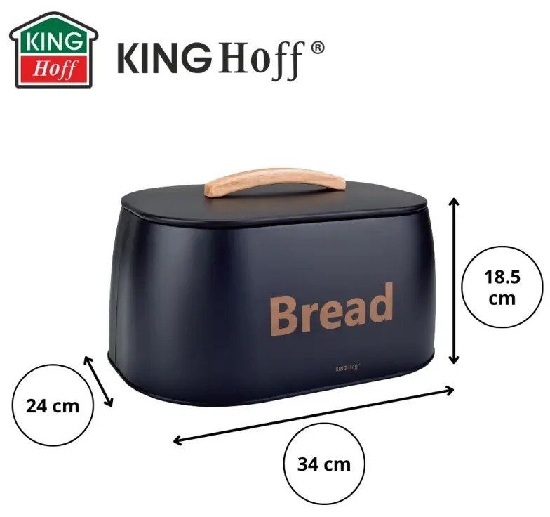 Кутия за хляб Kinghoff KH 1946, 35 см, Метално тяло, Дървена дръжка, Черен
