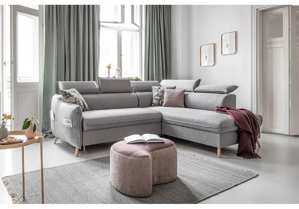 Светлосив ъглов разтегателен диван десен ъгъл Sweet Harmony - Miuform