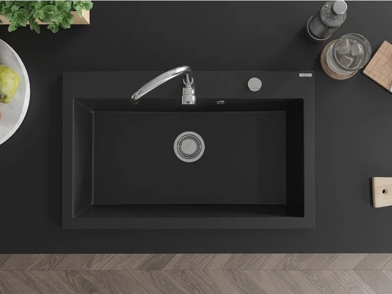 Mexen Elix гранитна мивка с 1 отделение 800 x 500 mm, черна, хромиран сифон - 6527801005-77