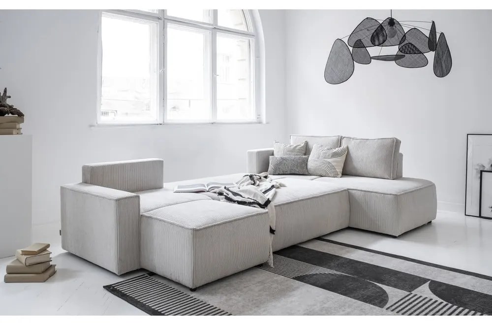 Бял разтегателен ъглов диван от рипсено кадифе (десен ъгъл/"U" форма) Brave Dave – Miuform