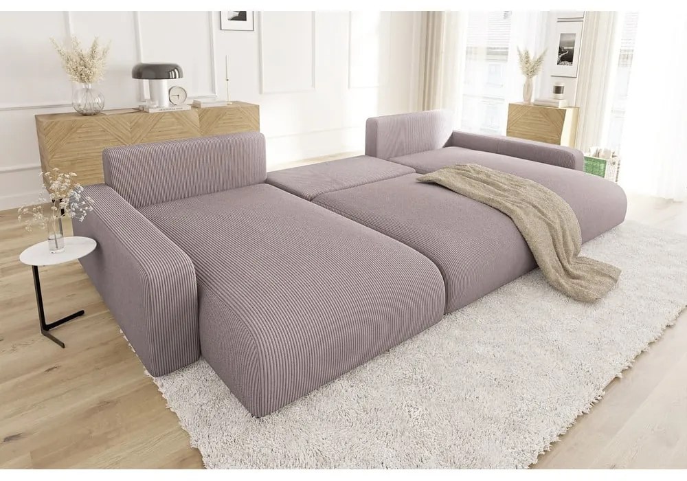 Светлорозов ъглов диван с място за съхранение от рипсено кадифе Sara – Ropez