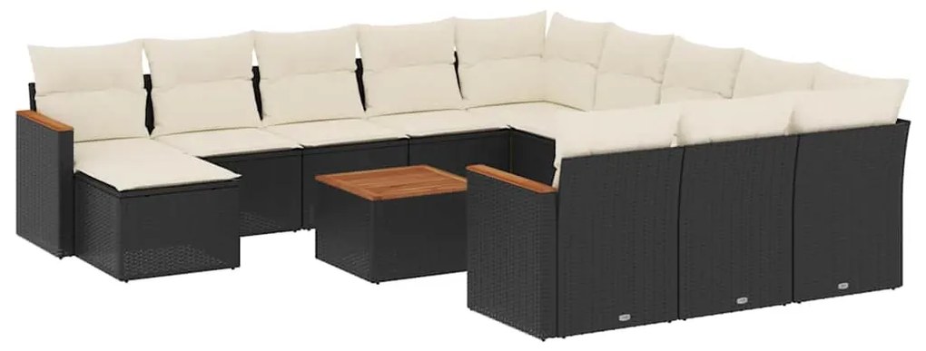 3226588 vidaXL Градински диван с възглавници, 13 части, черен, полиратан