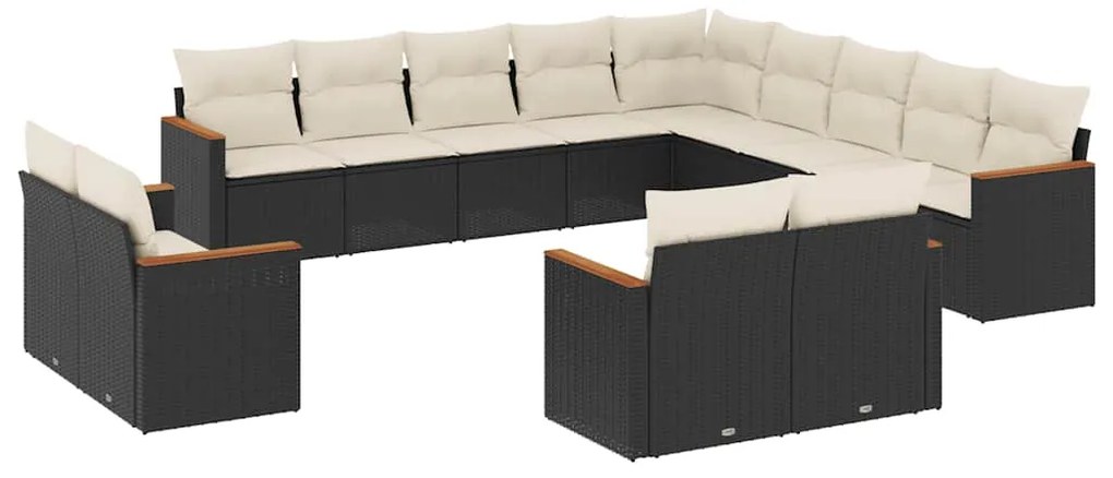 3258927 vidaXL Градински диван с възглавници, 13 части, черен, полиратан