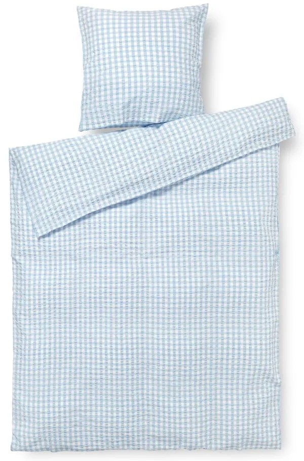 Бяло и светлосиньо удължено крепирано спално бельо за единично легло 140x220 cm Bæk&amp;Bølge - JUNA