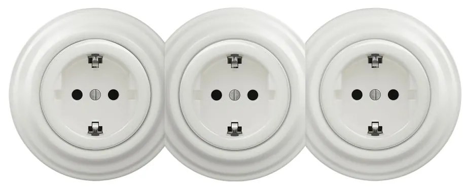 Kliklap - Тройна ретро битова стенна розетка с рамка SCHUKO 230V бяла