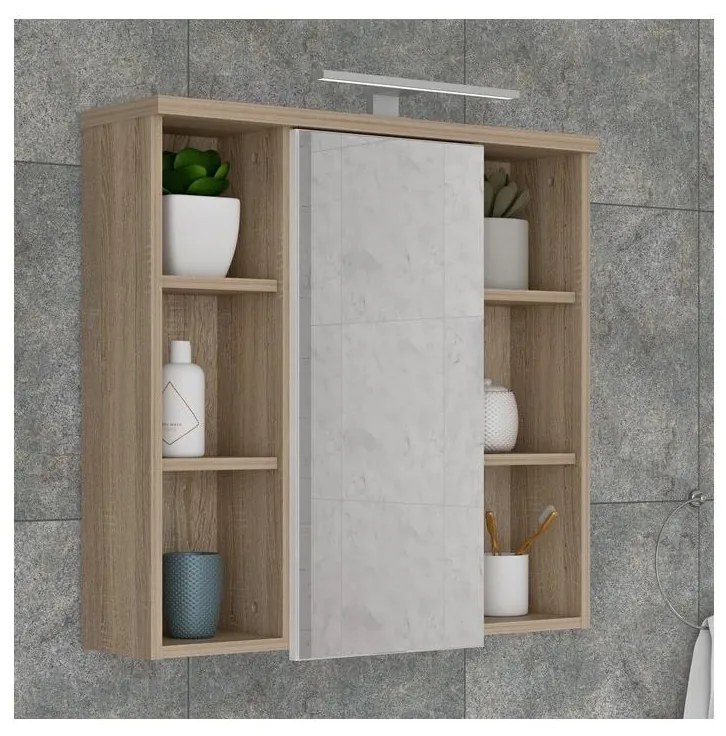 Stенен шкаф за баня с огледало VENOM, бял/дъб Сонома