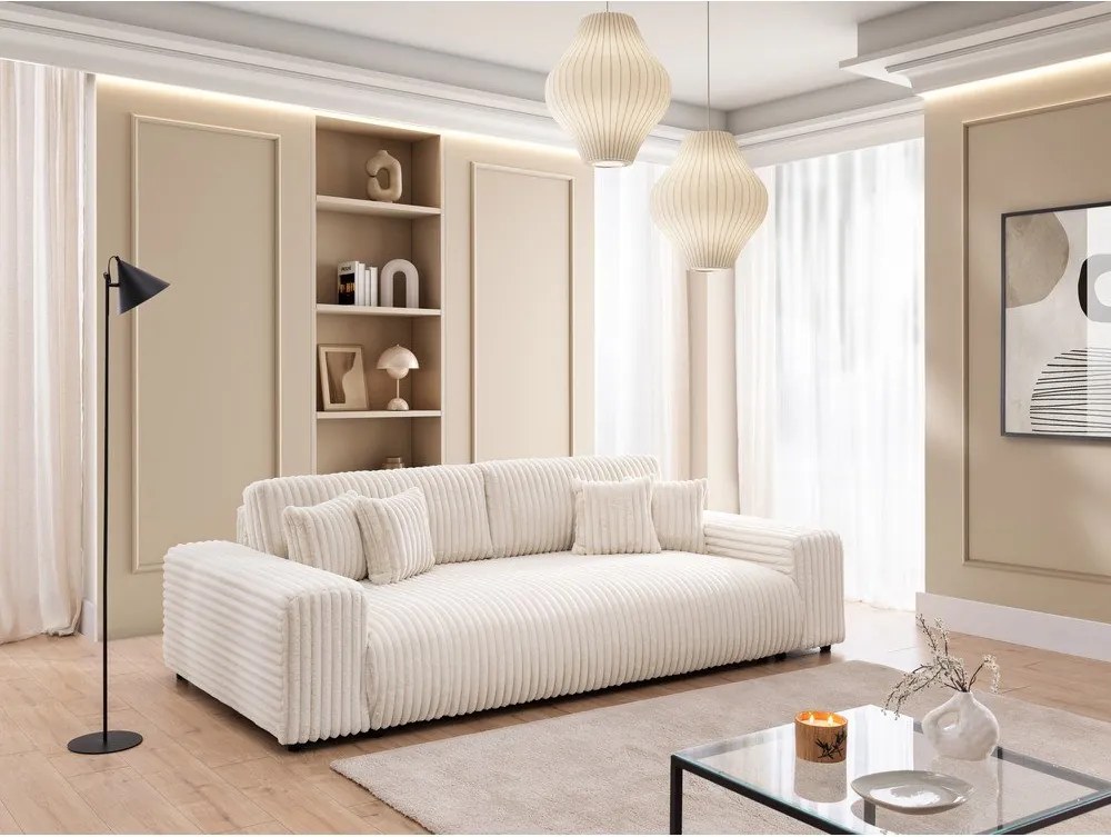 Кремав разтегателен диван с място за съхранение от рипсено кадифе 260 cm Justin – Ropez