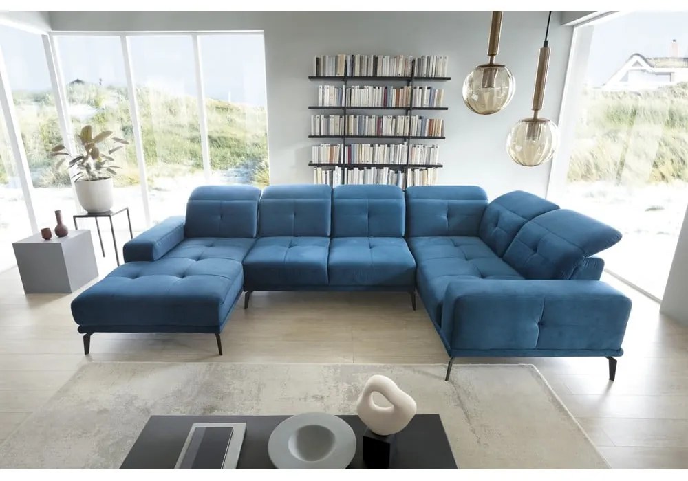 Син кадифен ъглов диван (десен ъгъл/U форма) Neviro – ELTAP