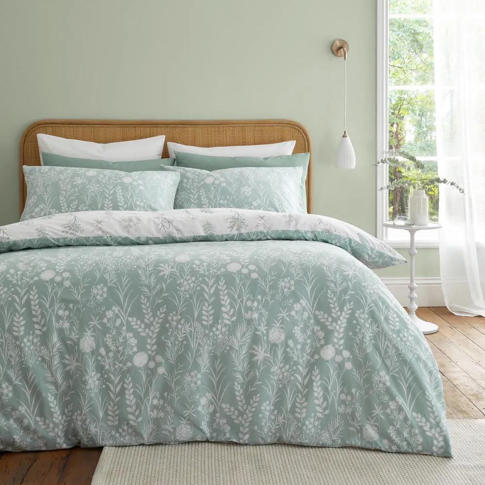 Зелено и бяло памучно спално бельо за двойно легло 200x200 cm Wild Flowers - Bianca