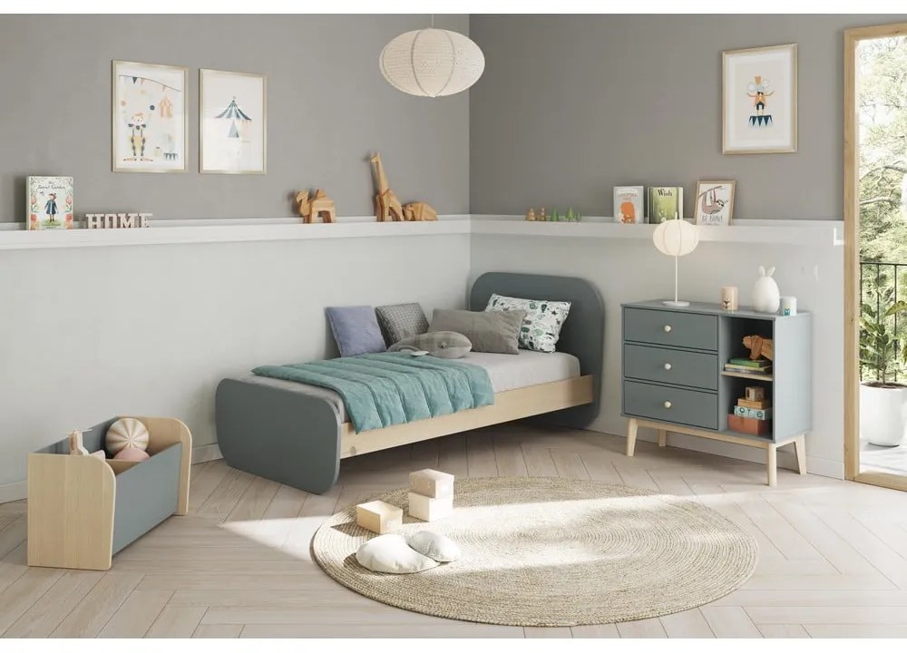 Сиво-зелено детско легло 90x190 cm от декор от бор с включена подматрачна рамка Esteban – Marckeric