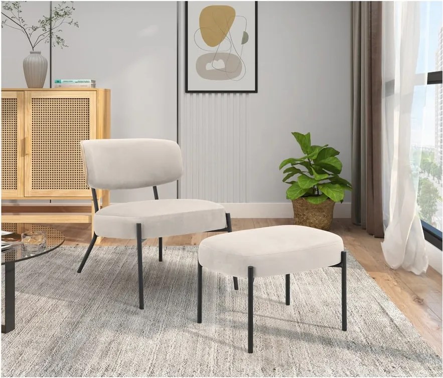 Кремав кадифен фотьойл с табуретка Jerry – Støraa