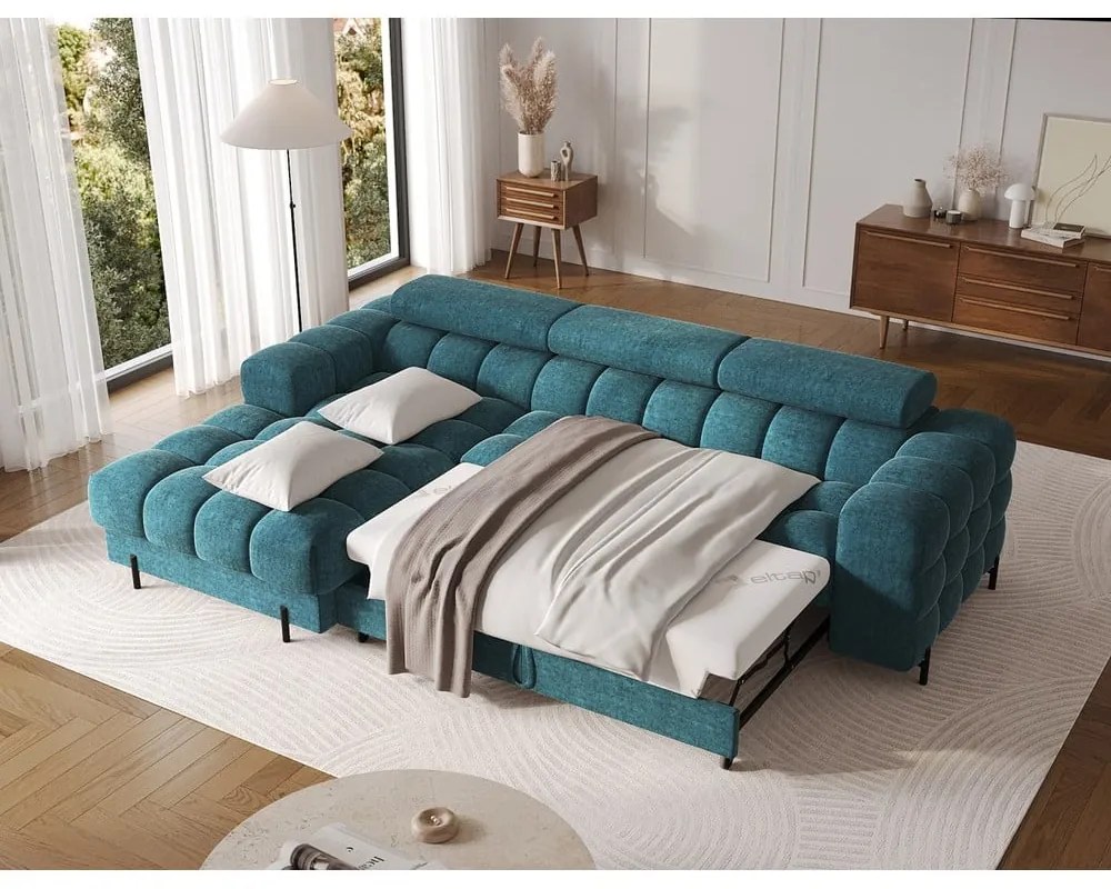 Син сгъваем/с място за съхранение ъглов диван от прежда с примки от букле (ляв ъгъл) Felro – ELTAP