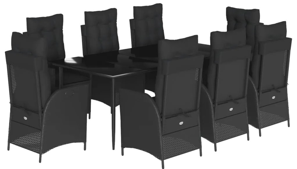 3213183 vidaXL Градински трапезен комплект възглавници 9 части черен полиратан