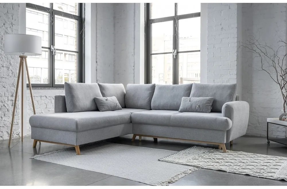 Светлосив разтегателен/с място за съхранение ъглов диван (ляв ъгъл/L форма) Scandic Lagom – Miuform