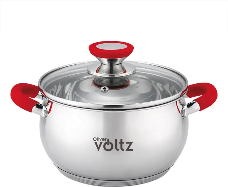 Втора ръка: Тенджера Oliver Voltz OV51210N18, 18см, 2.5 л, Индукция, Силиконови дръжки, Инокс/червен