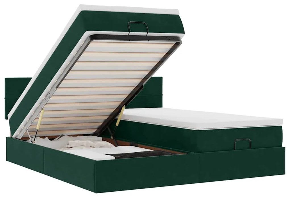 3312932 vidaXL Османска легло с матраци и LED, тъмнозелено, 200x200 см, кадифе