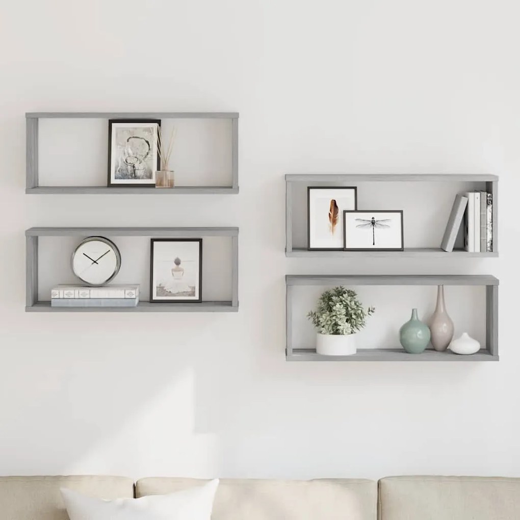 815928 vidaXL Стенни рафтове, 4 бр, сив сонома, 60x15x23 см, инженерно дърво