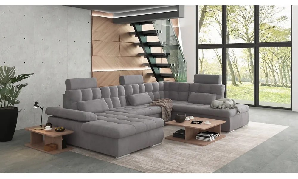 Сив разтегателен ъглов диван с място за съхранение (десен ъгъл/U форма) Merkur – Ropez