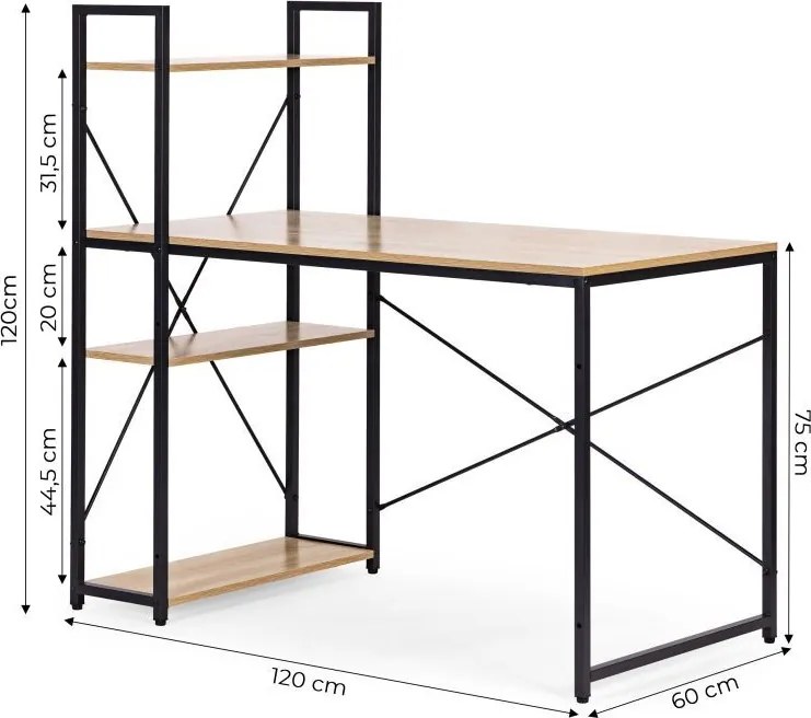 Компютърно бюро ModernHome, дървено, с рафтове за съхранение, подсилена метална конструкция, 120х60см, бежов цвят