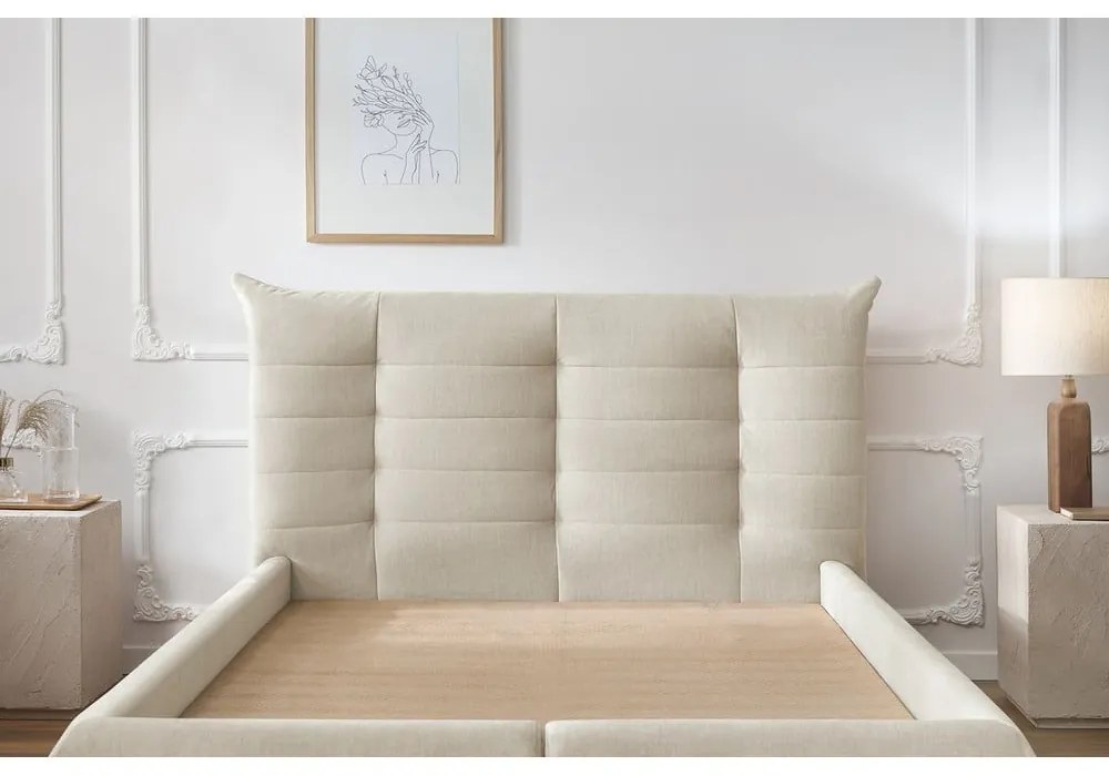 Бежово тапицирано двойно легло с място за съхранение с решетка 160x200 cm Clothilde - Bobochic Paris