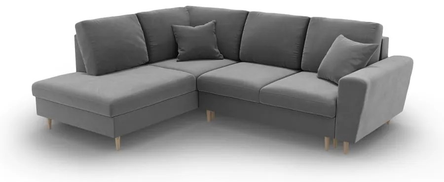 Светлосив кадифен разтегателен ъглов диван с място за съхранение (ляв ъгъл/L форма) Kyoto – Cosmopolitan Design