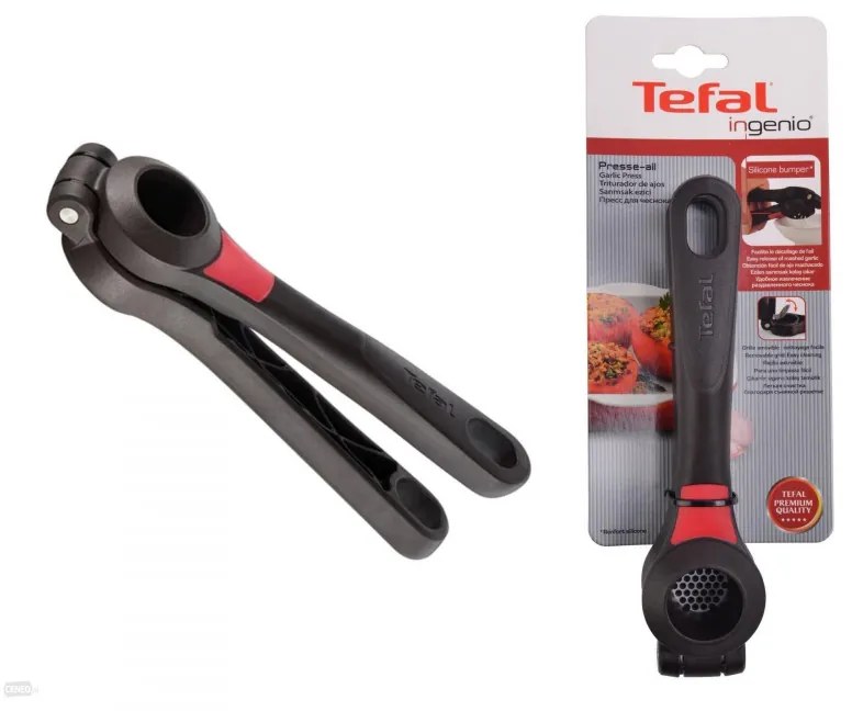 Преса за чесън Tefal K2072614, 19.7 см, Лесно освобождаване, Подвижна решетка, Черен/червен