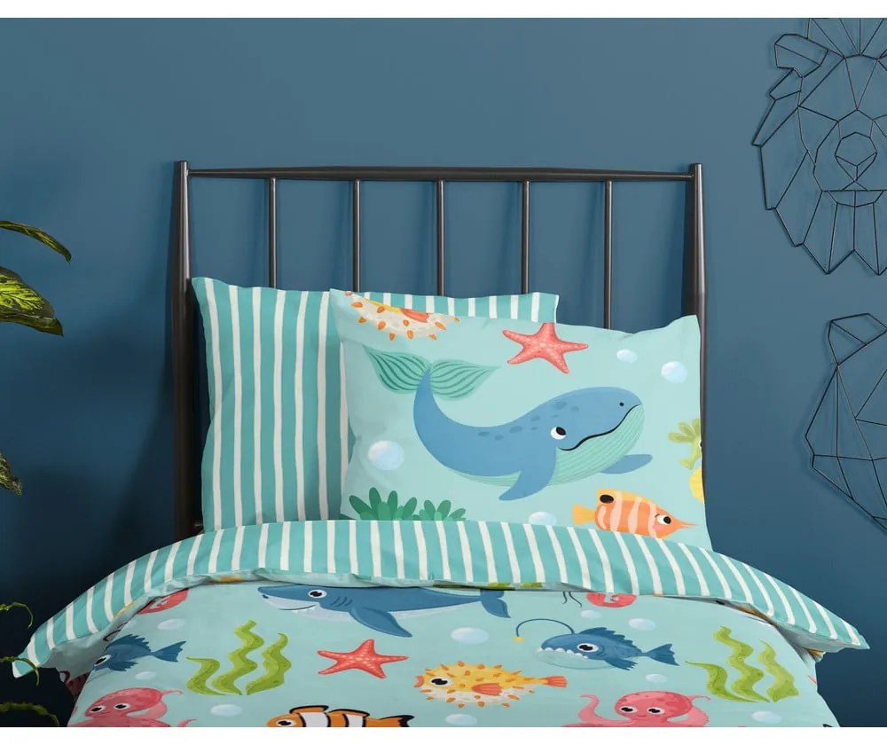 Синьо единично памучно детско спално бельо 140x200 cm Ocean – Good Morning