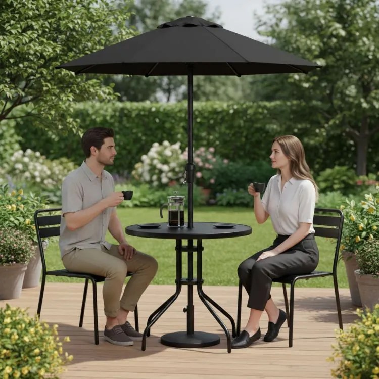 Кръгла градинска маса 80 см с отвор за чадър - черна