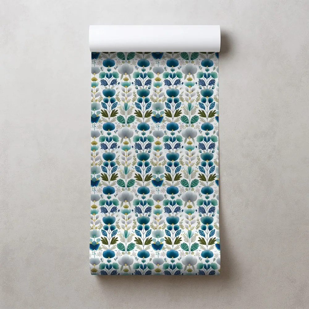 Тапет – Сини цветя на бял фон