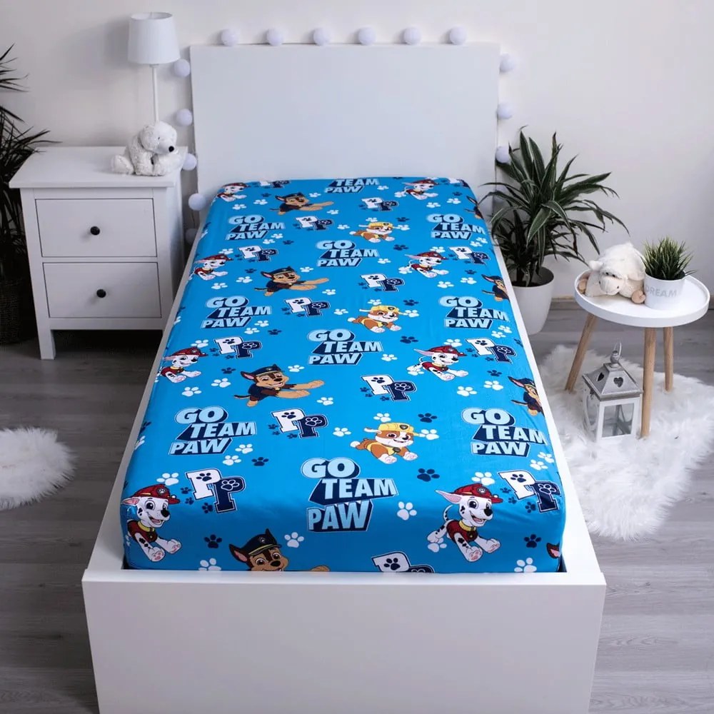 Син еластичен памучен детски чаршаф 90x200 cm Paw Patrol – Jerry Fabrics