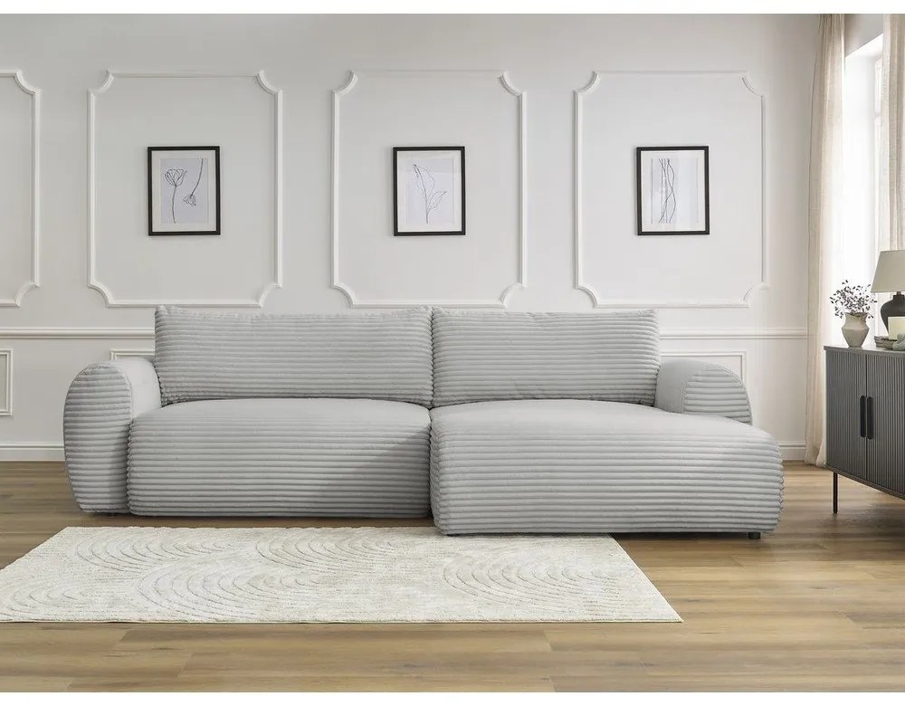 Светлосив разтегателен ъглов диван от рипсено кадифе (десен ъгъл) Lucien – Bobochic Paris