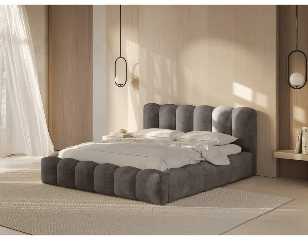 Светлокафяво тапицирано двойно легло с място за съхранение с включена подматрачна рамка 200x200 cm Lupine – Micadoni Home