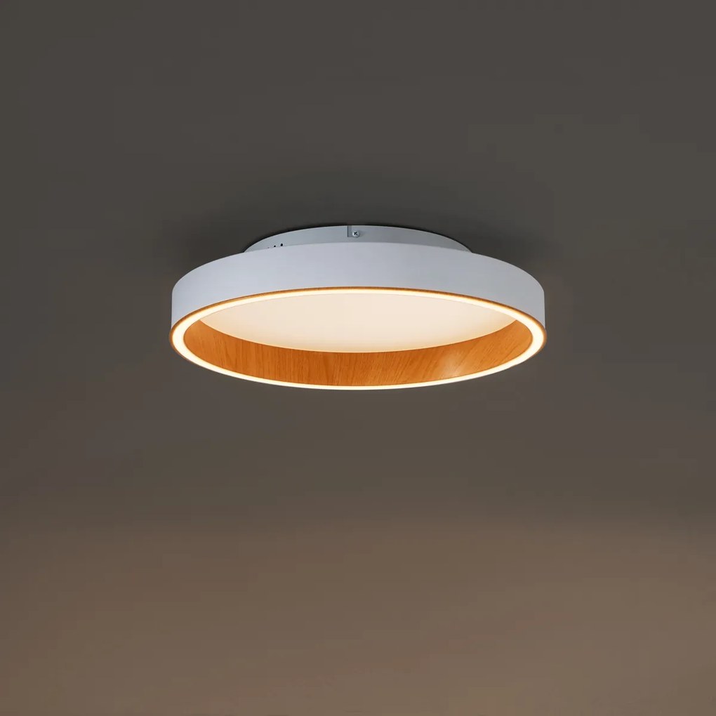 Дизайнерска таванна лампа бяла с дърво 40 см вкл. LED 3-позиционен превключвател - Ingo