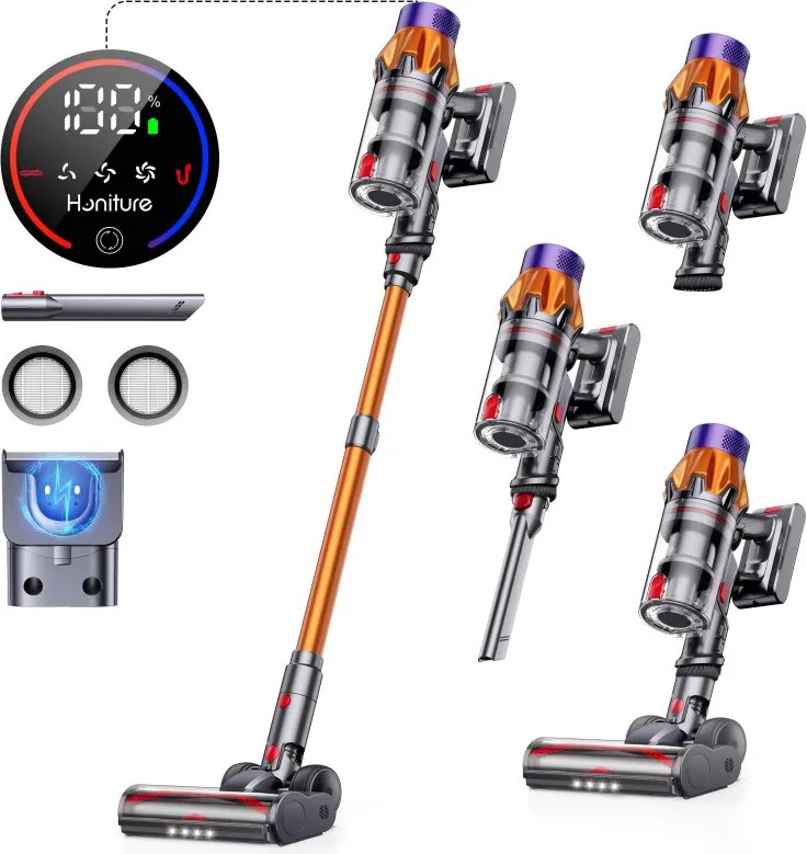 Вертикална прахосмукачка Honiture X7 CJD239, 550W, 45 KPa, 1.5 л, 60 мин, 3 режима, Регулируема височина, HEPA, Тъчскрийн, LED четка, Никел/жълт